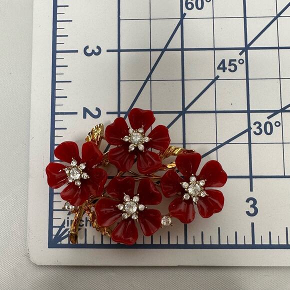 Nolan Miller Brooch Red Lucite Orange Blossom with Rhinestone Flower Pin Large - Picture 10 of 10